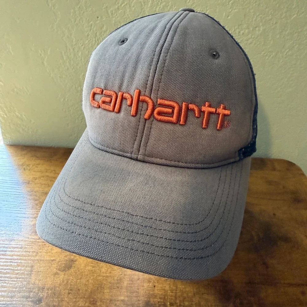 Carhartt Mens Trucker Hat Grey Navy Blue Orange Logo Mesh Snapback Cap